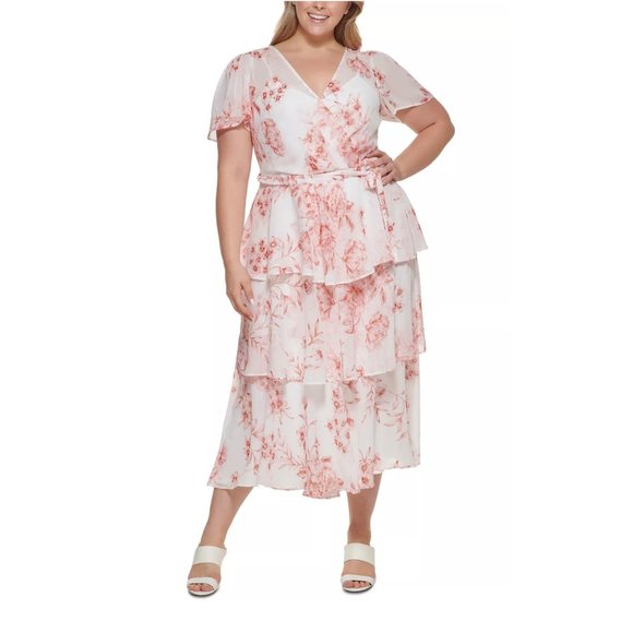 CALVIN KLEIN Plus Size Floral-Print Tiered Maxi Blush Floral Dress 20W - Picture 1 of 4